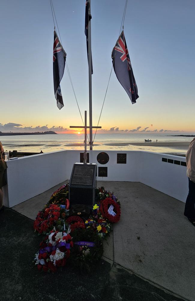 Wreaths laid during the Half Tide Dawn Service at Hay Point. Mackay Anzac Day 2025. Photo: Janessa Ekert