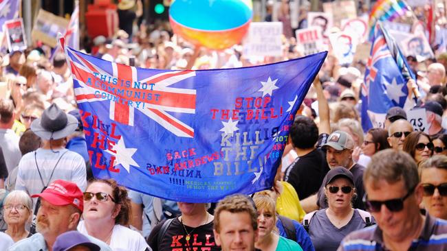 Several protesters waved the Australian flag. Picture: NCA NewsWire / Luis Ascui