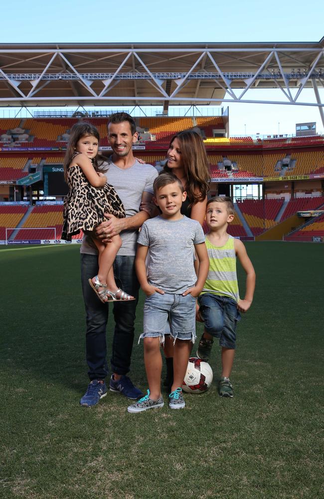 Family portrait of ex-Roar player Liam Miller with his wife Clare and children Kory, Leo and Belle.