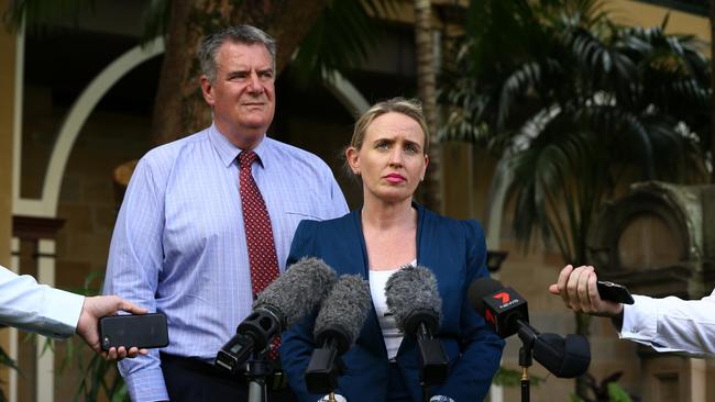 Tourism Minister Kate Jones and Fisheries Minister Mark Furner hold a press conference on the Speakers green about the most recent shark attack.  AAP/David Clark