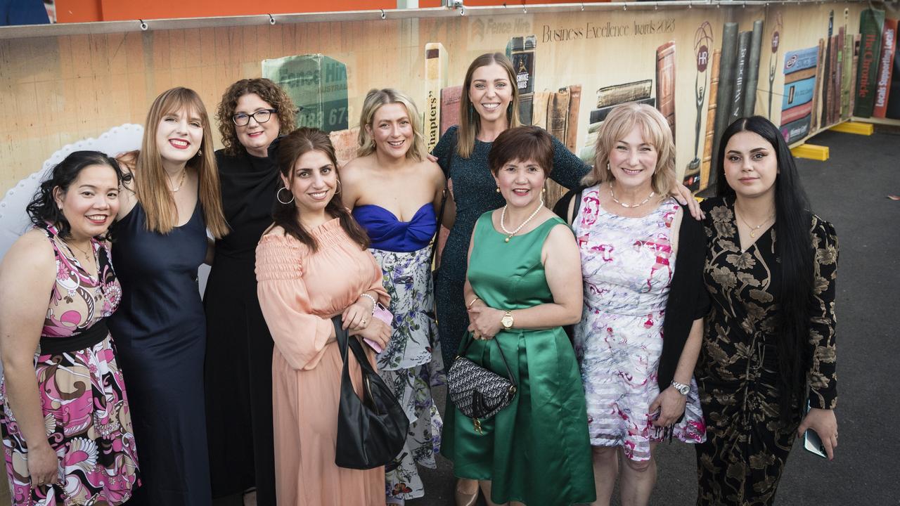 Representing Quest Hotel are (from left) Bebe Dierke, Ailish Patten, Jenny O'Reilly, Suad Suliman, Kerry Donnelly, Kirsty McCauley, Nilda Coss, Racheal Thomason and Niveen Khider at the Focus HR Business Excellence Awards 2023 hosted by Toowoomba Chamber at Rumours International, Saturday, October 21, 2023. Picture: Kevin Farmer