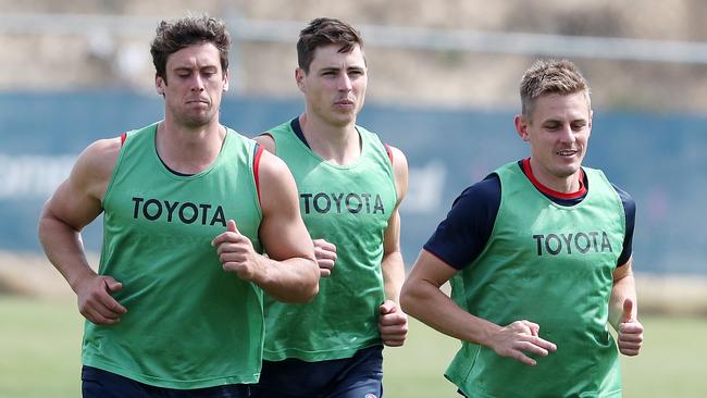 Kyle Hartigan, Jake Kelly and David Mackay at Crows training. Picture: Sarah Reed