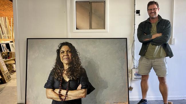 Johannes Leak with his Archibald prize entry, a portrait of Alice Springs deputy mayor and advocate for Indigenous women Jacinta Nampijinpa Price. Picture: Ramin Far Azin