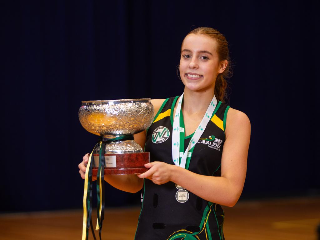 Cavliers centre and U19 grand final MVP Ava Lockwood-Roden with her medal and the premiership trophy at Launceston's Silverdome after defeating Cripps. Picture: PATRICK GEE/SUPPLIED