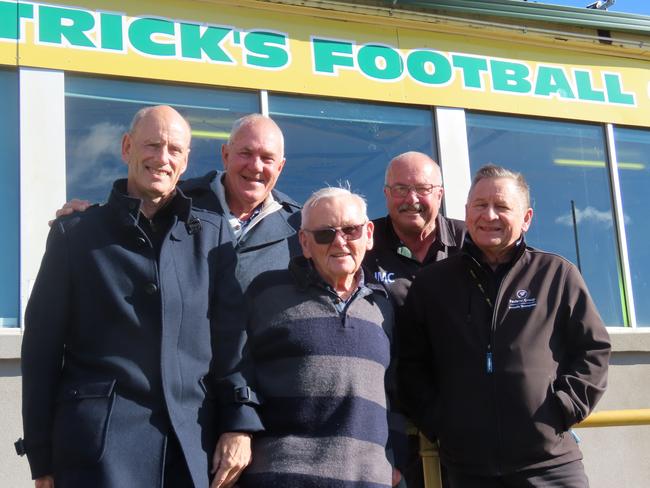 Front (from left) St Pats 1984 premiership winning captain-coach Gary Howell, 1954 team member Rod Milbourne, 1984 player Tim Coyle. Back (from left) 1984 player Peter Goggins and current St Pats president Ian McCallum