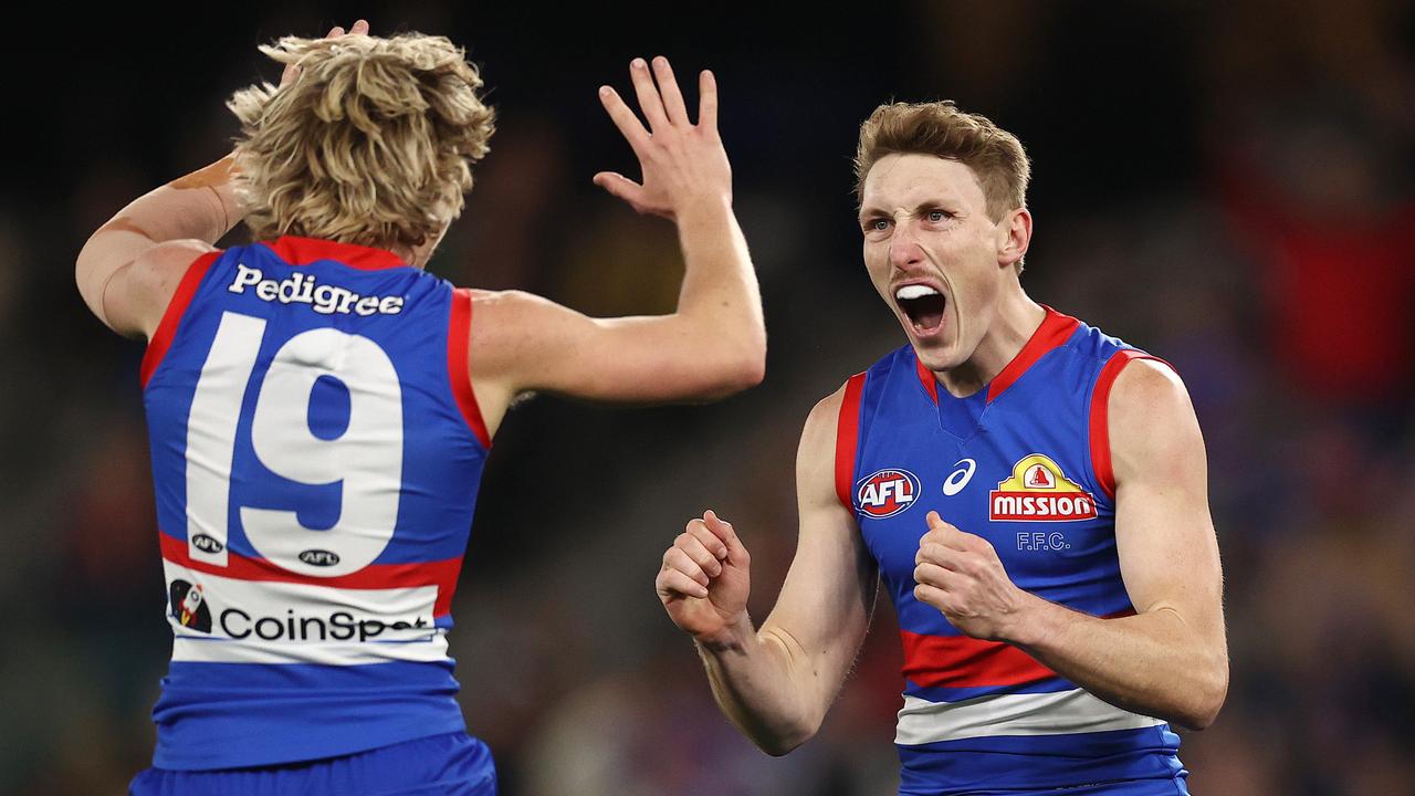 Bulldog Bailey Dale celebrates a goal against St Kilda. Picture: Michael Klein