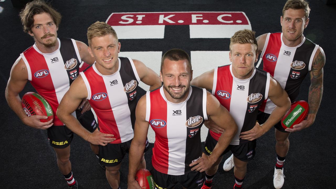 Jarryn Geary, centre, leads a new-look leadership group at the Saints with Dylan Roberton, Seb Ross, Dan Hannebery and Tim Membrey all voted in. Picture: Michael Klein