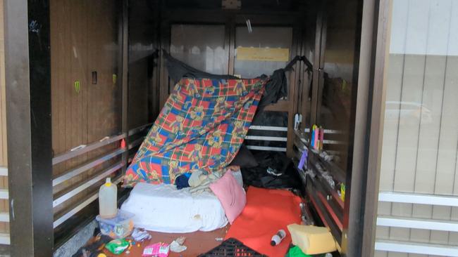 Items piled up at the rough sleeping site. It is on a busy stretch of East St in the CBD which has for years been well known as an informal camp. Picture: Nicola McNamara.