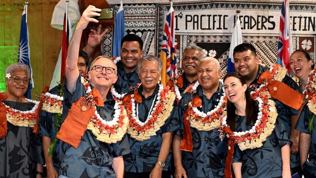 Anthony Albanese takes a selfie on Thursday with fellow national leaders during the Pacific Islands Forum in Suva. Picture: AFP