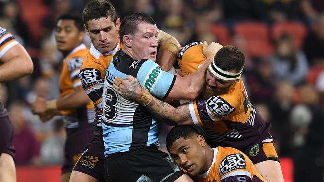 Cronulla couldn’t crack the Broncos line. AAP Image/Dave Hunt.