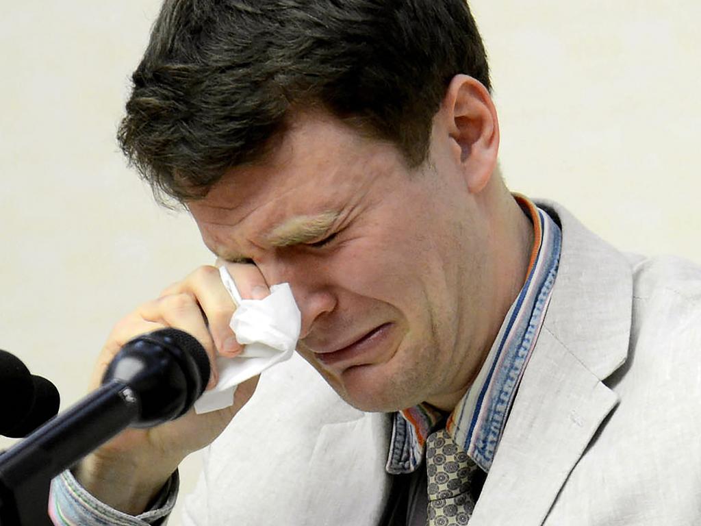 US student Otto Warmbier weeps at a press conference in Pyongyang on February 29, 2016 following his arrest for ‘committing hostile acts’. He later died in custody. Picture: KCNA