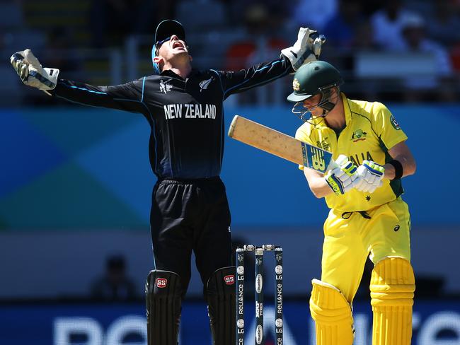 New Zealand's Luke Ronchi takes catch to dismiss Australia's Steve Smith. Picture: Phil Hillyard.
