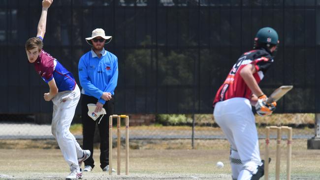 Mackay Whitsundays Harrison Holmes bowling to Wide Bays Grady McKay. Picture: Tony Martin