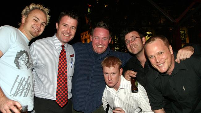 Steven Bradbury, Andrew Ford, Dean Miller, David Lutteral, Kip Whiteman, Jamie Rowe at the Breakfast Creek Hotel’s 116th birthday bash. Picture: Adam Smith