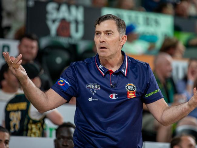 HOBART, AUSTRALIA - JANUARY 10: Adelaide 36ers head coach Mike Wells questions an umpire decision during the round 16 NBL match between Tasmania Jackjumpers and Adelaide 36ers at MyState Bank Arena, on January 10, 2025, in Hobart, Australia. (Photo by Linda Higginson/Getty Images)