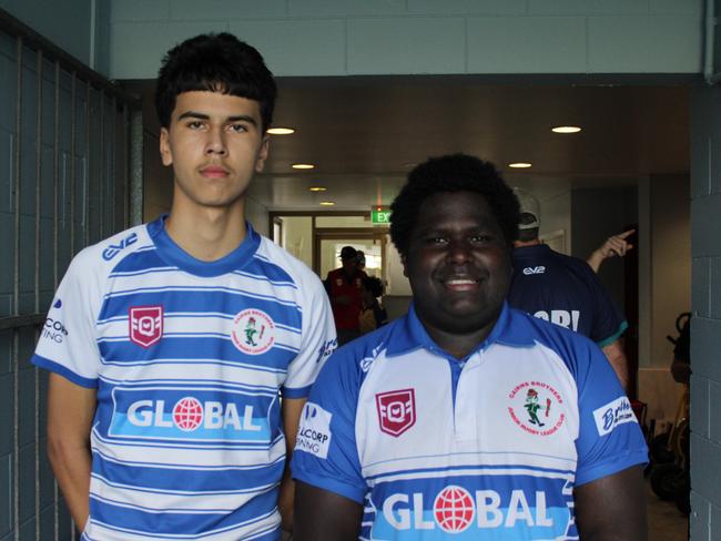 Tyreze Samuel and Oli Banu of the Cairns Brothers after the Far North Queensland Rugby League under 16s grand final against Southern Suburbs at Barlow Park. Picture: Jake Garland