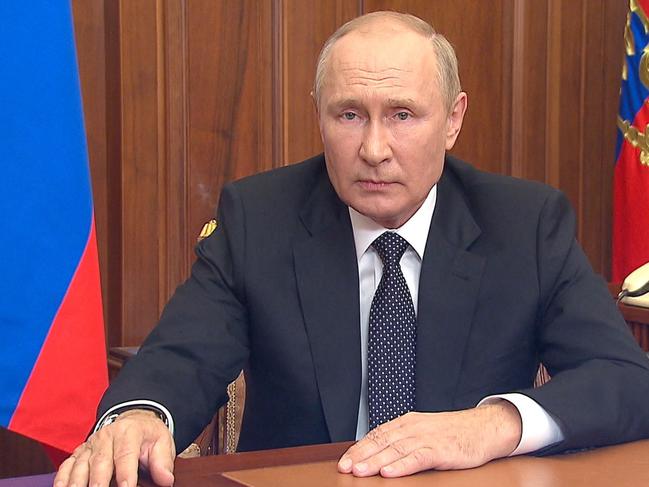 Russian President Vladimir Putin speaking during a televised address to the nation in Moscow. Picture: AFP