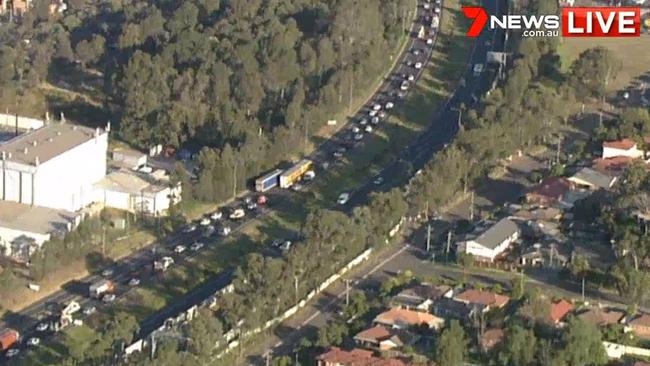 A three-truck crash is causing lengthy delays on the M7 at Eastern Creek this afternoon. Picture: Seven News