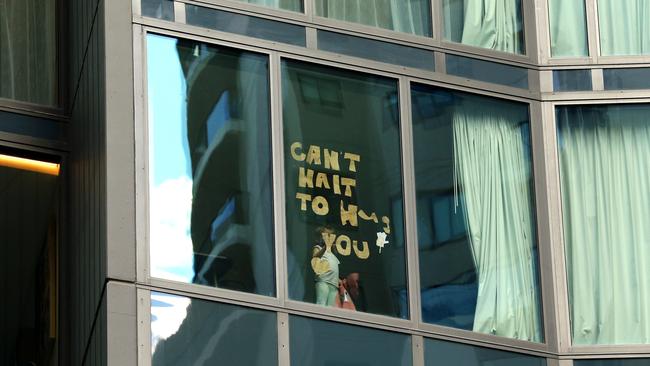 The Westin Hotel and the Four Points Sheraton  are being used as Hotel Quarantine venues during the Covid Pandemic. Signs in the window of The Westin Hotel. Brisbane CBD Tuesday 22st June 2021 Picture David Clark