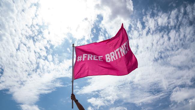 WASHINGTON, DC - JULY 14: Corey Baily, 33, of DC holds a flag as he and other supporters of pop star Britney Spears participates in a #FreeBritney rally near the Lincoln Memorial Reflecting Pool on Wednesday, July 14, 2021. (Kent Nishimura / Los Angeles Times via Getty Images)