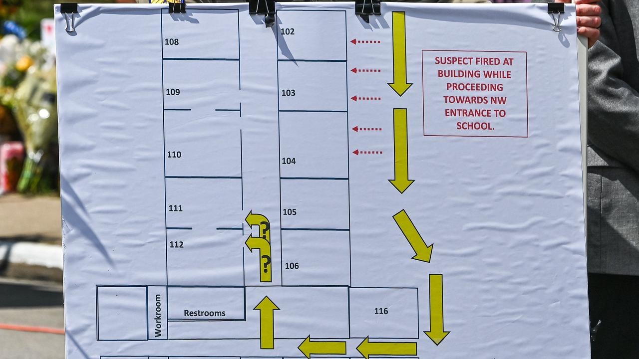 A crime scene outline of the Robb Elementary School shows the path of the gunman. Picture: Chandan Khanna / AFP