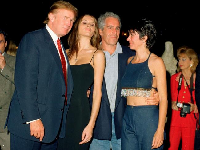 From left, Donald Trump and his girlfriend (and future wife), former model Melania Knauss, financier (and future convicted sex offender) Jeffrey Epstein, and Ghislaine Maxwell at the Mar-a-Lago club, Palm Beach, Florida, February 12, 2000. Picture: Getty Images