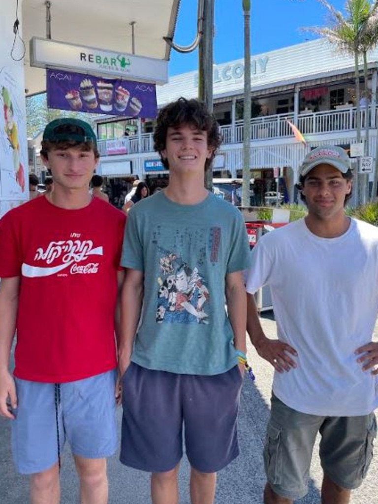 Joah Hitter, 18, Hugo Nihill, 17, and Jayden Reynolds, 18, at Byron Bay Schoolies celebrations. Picture: Sam Stolz