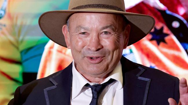 Australia’s rugby team head coach Eddie Jones speaks to media at the Sydney International Airport on August 17, 2023, as the team prepares to depart for the 2023 Rugby World Cup in France. (Photo by David GRAY / AFP)