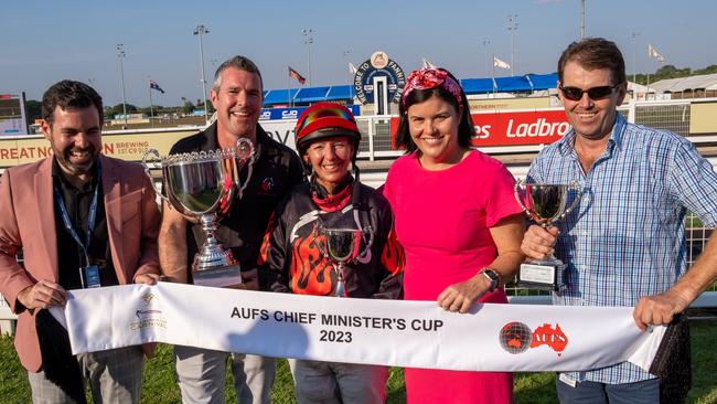 Racing Minister Chansey Paech and Chief Minister Natasha Fyles with the connections of Chief Minister Cup winner Noir De Rue including trainer Jason Manning and jockey Vanessa Arnott. Picture: Caroline Camilleri