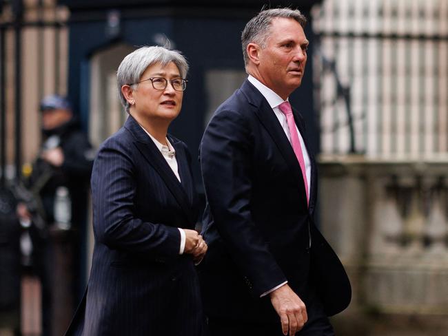 Penny Wong and Richard Marles arrive at Lancaster House for the annual Australia-UK Ministerial Consultations (AUKMIN) meeting in London. Picture: AFP