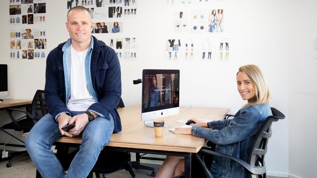 James and Erica Bartle at their Outland Denim office in Mt Tamborine. Picture: Luke Marsden.