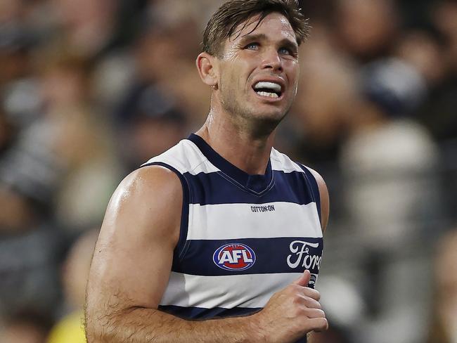 MELBOURNE, AUSTRALIAÃ June 21 , 2024.  AFL Round 15. Carlton vs Geelong at the MCG.   Tom Hawkins of the Cats limps off the ground late in the 3rd qtr   . Pic: Michael Klein
