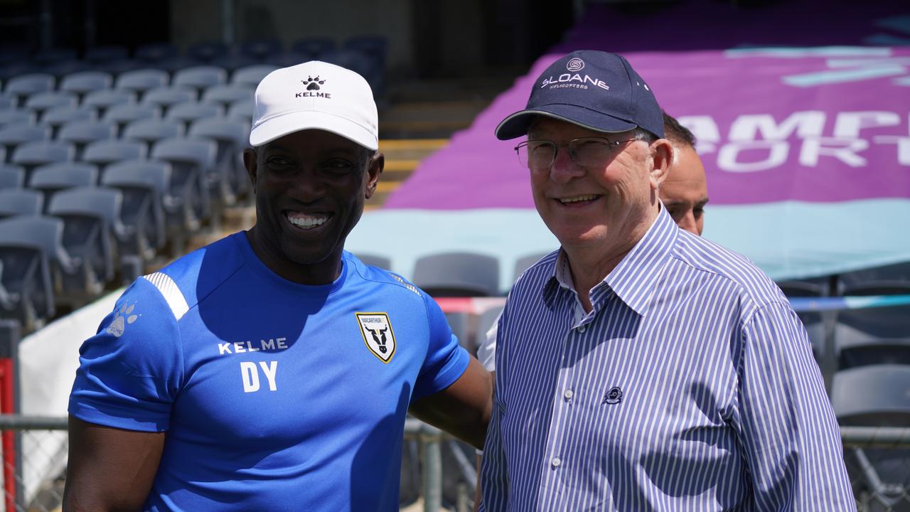 Macarthur FC coach Dwight Yorke (left) routinely copped the infamous ‘hairdryer’ treatments from legendary former Manchester United manager Sir Alex Ferguson. Picture: Supplied