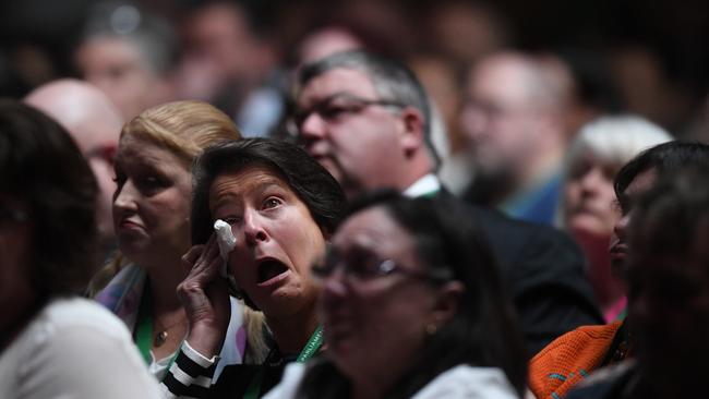 There were emotional reactions as Scott Morrison delivered the national apology to victims and survivors of instutional child sexual abuse. Picture: AAP/Lukas Coch