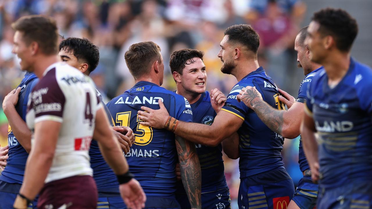 Mitchell Moses and the Eels on the cusp of victory. (Photo by Cameron Spencer/Getty Images)