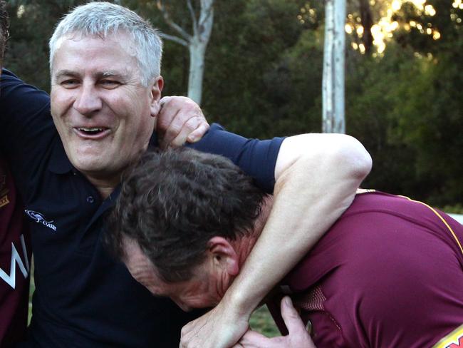 National Party Politicians Darren Chester, Michael McCormack and Barnaby Joyce having fun  after taking part in The NRL and Federal Members of Parliament  State of Origin Touch Football match at Parliament House in Canberra