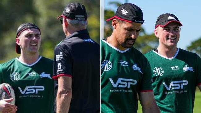 Lewis Dodd talks to Wayne Bennett (L) and with new halves partner Cody Walker (R). Picture: Instagram