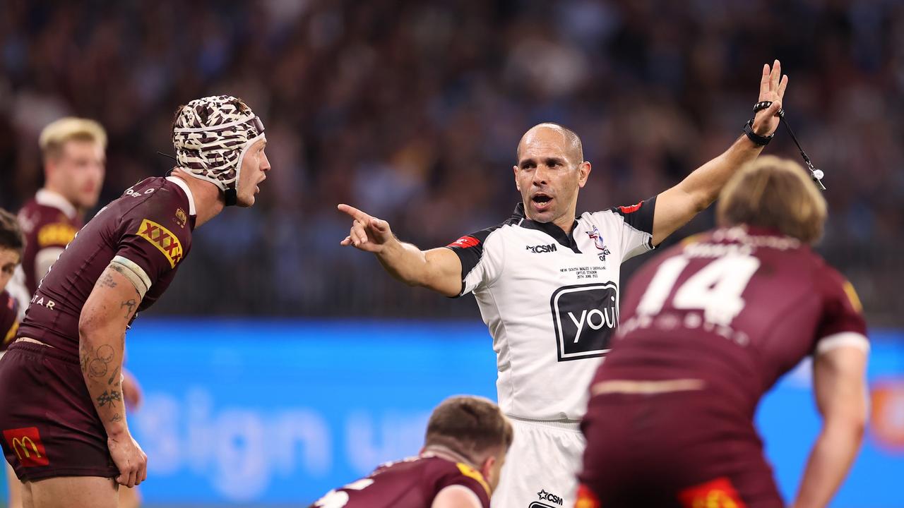 Queensland were left shorthanded in Origin 2 when referee Ashley Klein sent Felise Kaufusi to the sin bin. Picture: Getty