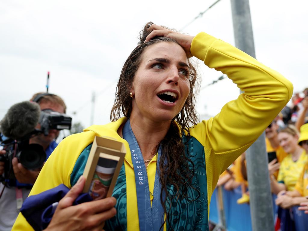 Jessica Fox reacts following the Women's Canoe Slalom Single medal ceremony. Picture: Getty