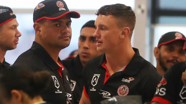 Latrell Mitchell and Jack Wighton arrive at Sydney Airport ahead of their flight to New Zealand for the NRL All Stars clash. Picture: John Grainger