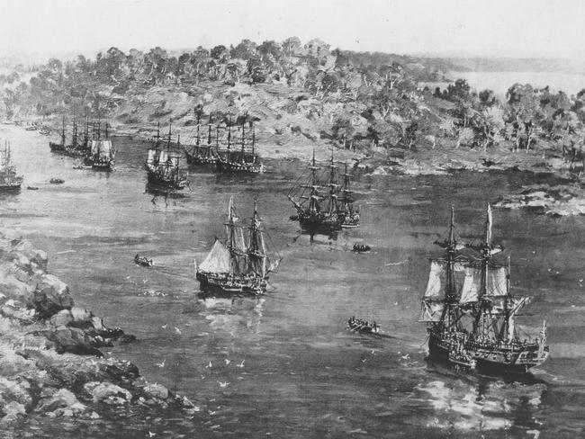 The first convict fleet, which founded the Australian nation, in Sydney Cove, February 27, 1788. Published: 8/3/1986. Page 12.