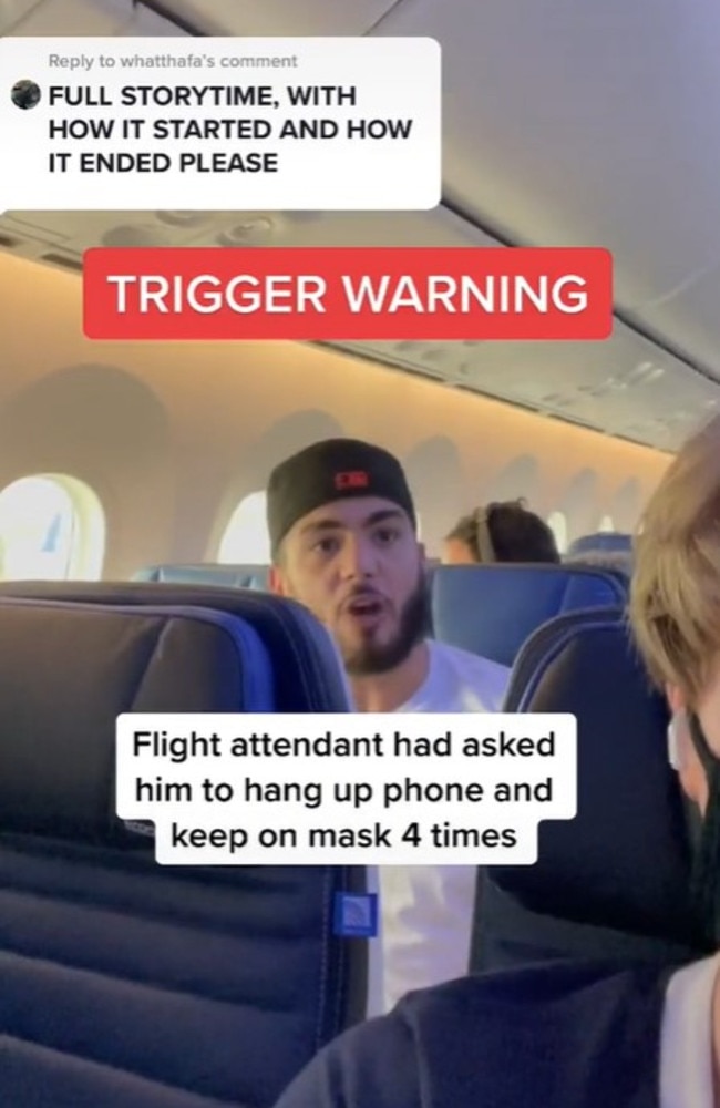 This man blew up on a United Airlines flight after being told to switch off his phone. Picture: TikTok