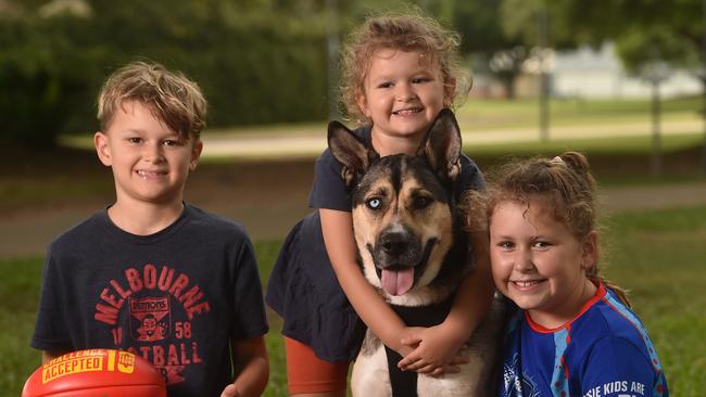 Harley, 8, India, 4, and Summer Clifford, 10, with Ruby enjoy the start of the school holidays at Riverway. Picture: Evan Morgan