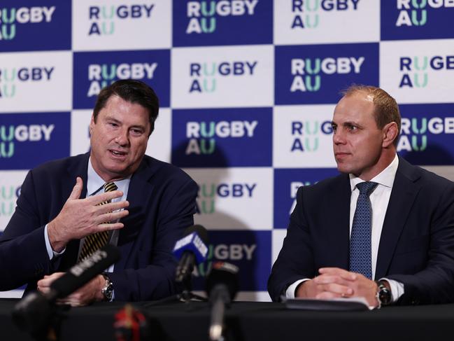 (L-R) Rugby Australia Chairman Hamish McLennan (L) and CEO Phil Waugh are scrambling to find a new source of funding. Picture: Getty Images