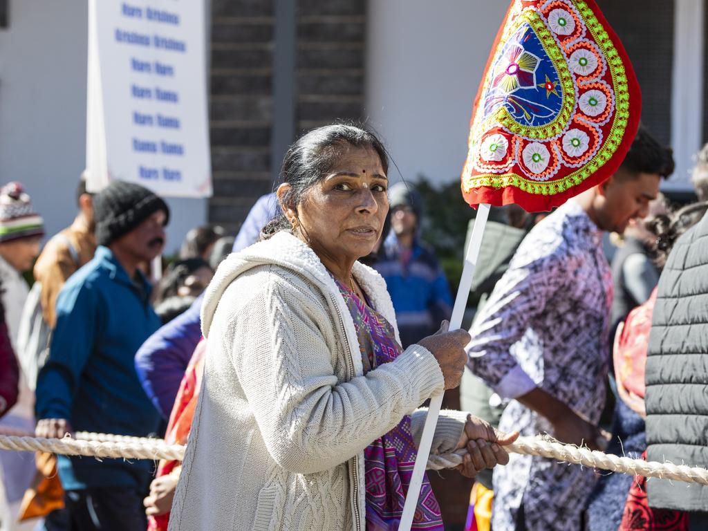 Hansa Patel helps pull the chariot in Neil St during Toowoomba's Festival of Chariots, Saturday, July 20, 2024. Picture: Kevin Farmer