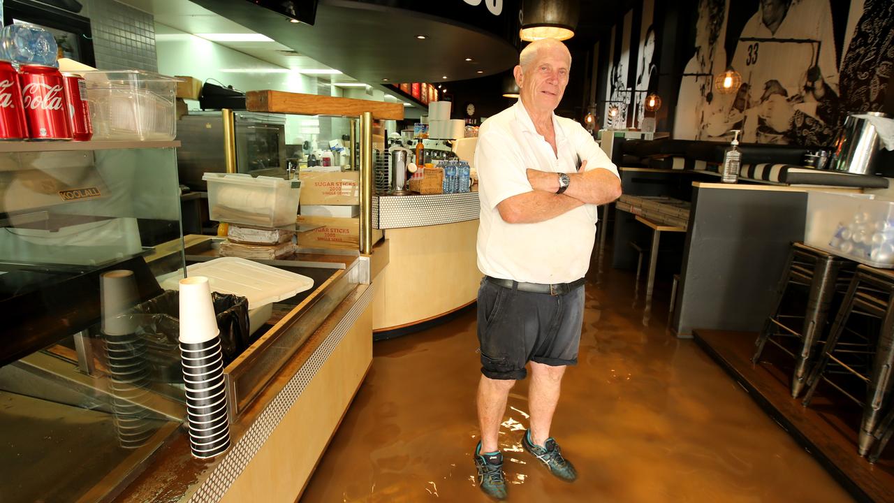 The streets of Lismore including the CBD have been inundated with floodwater after the Wilson River overtopped the flood levee. John Rees owner of Blueys Cafe in Woodlark St in the CBD of Lismore. Picture: Nathan Edwards