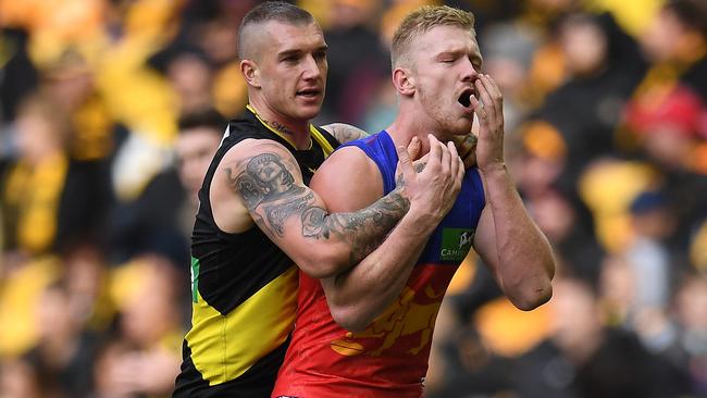 Is Dustin Martin in trouble for this hit on Nick Robertson? Picture: AAP