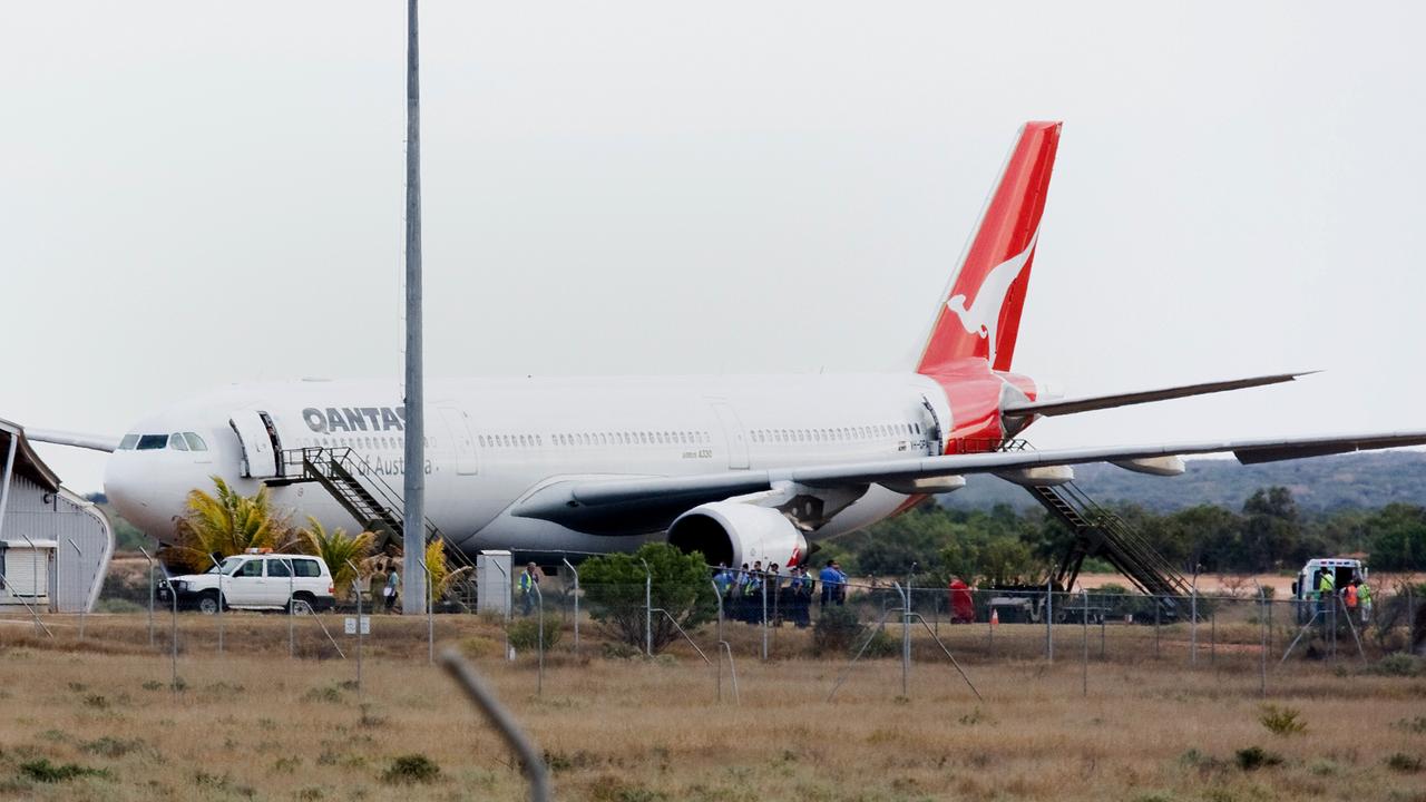 The Qantas A330 after it landed at Learmonth, Western Australia, on October 7, 2008. Picture: AAP/Kristin Anderson