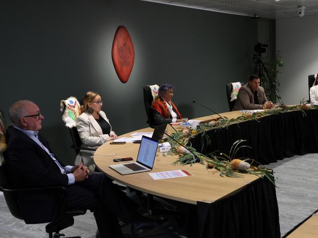 Commission members, Kevin Bell AM KC, Sue-Anne Hunter,  Professor Eleanor Bourke AM, Travis Lovett and Professor Maggie Walter. Picture: Brianna Young/Yoorrook Justice Commission.