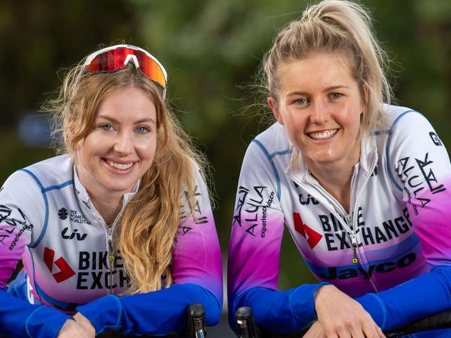 November 28, 2022: Riders Alexandra Manly (glasses) and Amber Pate for upcoming TDU magazine. Picture: Ben Clark